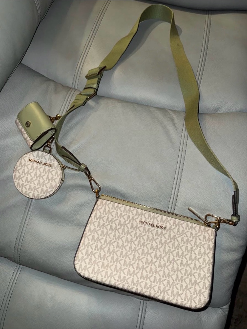 Michael Kors crossbody set in a beautiful vanilla MK print with sage green